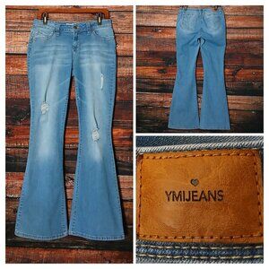 YMI Wanna Betta Butt Jeans Size 13 31 Low Rise Distressed Flare Leg Blue Stretch
